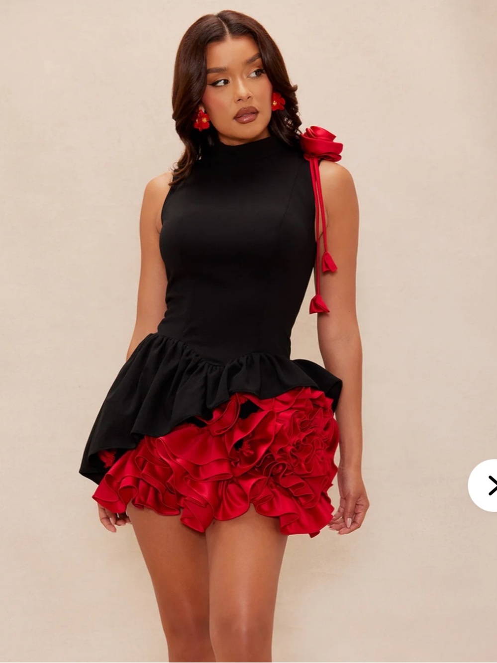 Fashion Nova Luxe Laynee Ruffle Mini Dress Black Red Small NWT Rosette Rose